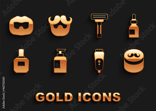 Set Bottle of shampoo, Oil bottle, Gel or wax for hair styling, Electric razor blade, Aftershave, Shaving, Mustache and beard and icon. Vector