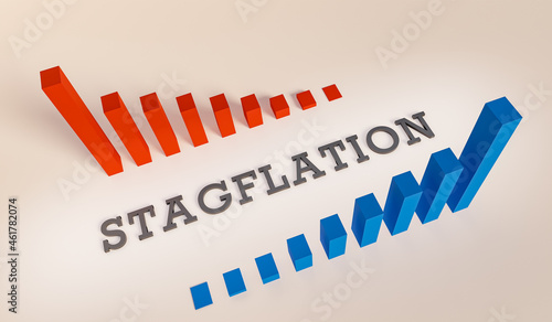 The word Stagflation framed by two parallel bar charts, one in red with negative trend and one in blue with positiv trend. 3D illustration. photo