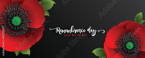 Remembrance day lest we forget. realistic red poppy flower international symbol of peace with paper cut art and craft style on color background.