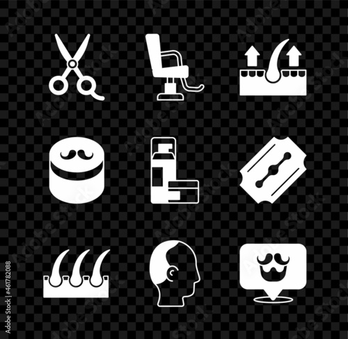Set Scissors hairdresser, Barbershop chair, Human follicle, Baldness, Gel wax for styling and Shaving gel foam icon. Vector