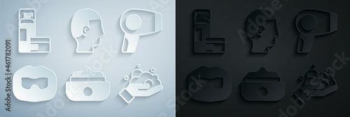 Set Gel or wax for hair styling, Hair dryer, Mustache and beard, Shaving foam on hand, Hairstyle men and gel icon. Vector