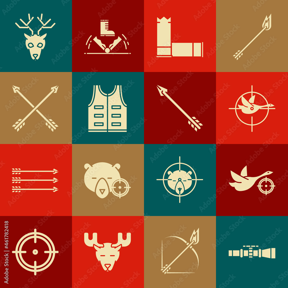 Set Sniper optical sight, Hunt on duck with crosshairs, Cartridges, Hunting jacket, Crossed arrows, Deer head antlers and Hipster icon. Vector Set Sniper optical sight, Hunt on duck with crosshairs, Cartridges, Hunting jacket, Crossed arrows, Deer head antlers and Hipster icon. Vector