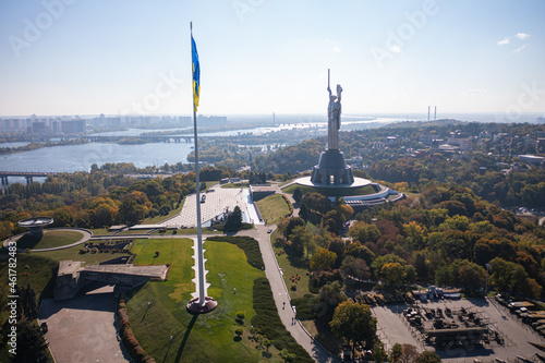 Motherland Monument on the territiry of National Museum of the History of Ukraine in the Second World War in Kyiv. View from drone photo