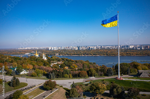 Motherland Monument on the territiry of National Museum of the History of Ukraine in the Second World War in Kyiv. View from drone photo