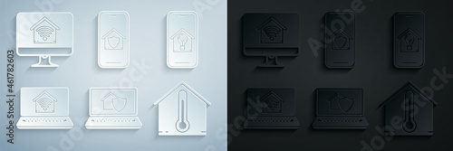 Set Laptop with house under protection, Mobile phone smart and light bulb, home wi-fi, House temperature, and Computer monitor icon. Vector