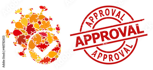 Virus Confirmed mosaic icon created for fall season, and Approval dirty stamp. Vector virus confirmed mosaic is shaped from random autumn maple and oak leaves.