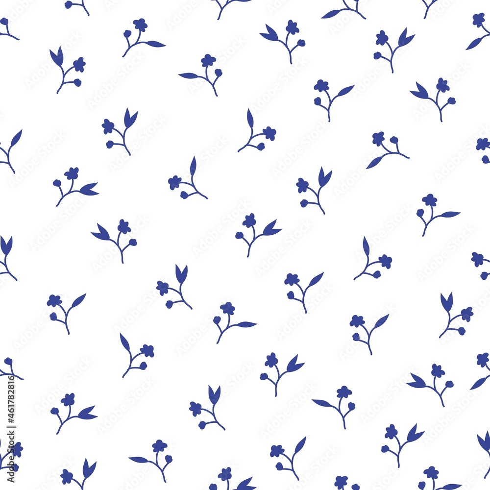 Fototapeta premium Seamless vintage pattern abstract. small blue flowers and leaves on a white background. vector texture. trend print for textiles, wallpaper and packaging.