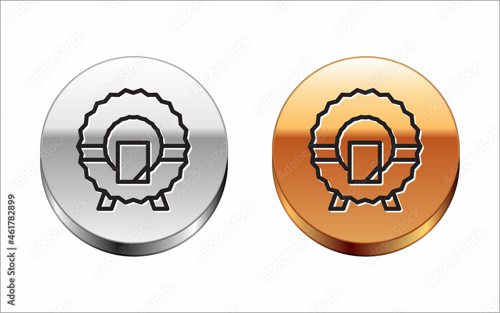 Black line Memorial wreath icon isolated on white background. Funeral ceremony. Silver-gold circle button. Vector Black line Memorial wreath icon isolated on white background. Funeral ceremony. Silver-gold circle button. Vector