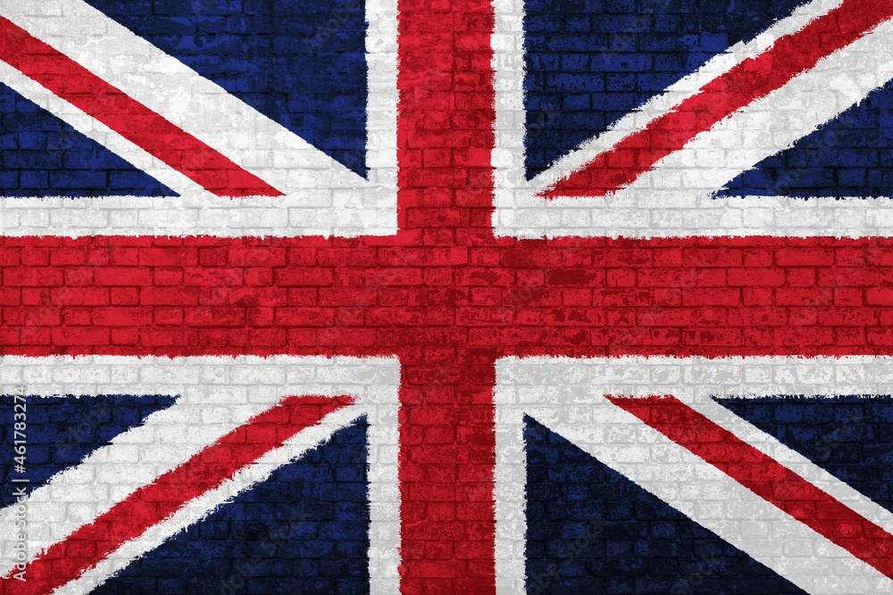 Fototapeta premium Wall painted with United Kingdom flag of Great Britain. Business concept of crisis, international commercial tensions and BREXIT. Immigration barriers and political conflicts. 3D illustration