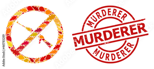 Forbid Kalashnikov Weapon collage icon constructed for fall season, and MURDERER textured stamp. Vector forbid kalashnikov weapon mosaic is shaped with random fall maple and oak leaves.