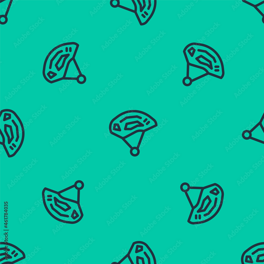 Blue line Bicycle helmet icon isolated seamless pattern on green background. Extreme sport. Sport equipment. Vector Blue line Bicycle helmet icon isolated seamless pattern on green background. Extreme sport. Sport equipment. Vector