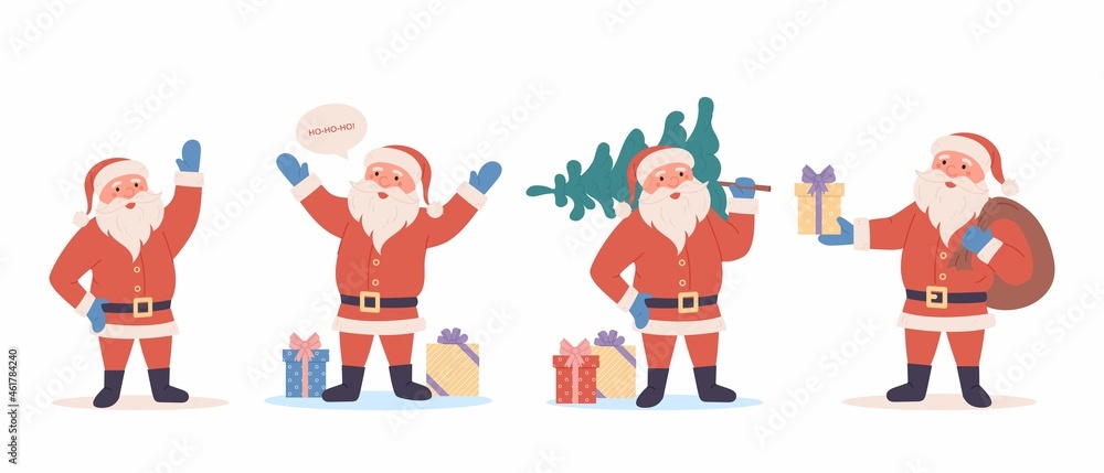 Set of cartoon Santa Claus character. Happy Santa Claus character with gift, bag, Christmas tree, waving hands. For Christmas cards, banners, tags and labels. Flat Santa Claus illustration Set of cartoon Santa Claus character. Happy Santa Claus character with gift, bag, Christmas tree, waving hands. For Christmas cards, banners, tags and labels. Flat Santa Claus illustration
