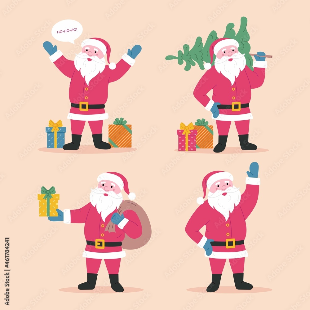 Set of cartoon Santa Claus character. Happy Santa Claus character with gift, bag, Christmas tree, waving hands. For Christmas cards, banners, tags and labels. Flat Santa Claus illustration Set of cartoon Santa Claus character. Happy Santa Claus character with gift, bag, Christmas tree, waving hands. For Christmas cards, banners, tags and labels. Flat Santa Claus illustration