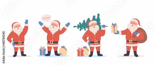 Set of cartoon Santa Claus character. Happy Santa Claus character with gift, bag, Christmas tree, waving hands. For Christmas cards, banners, tags and labels. Flat Santa Claus illustration