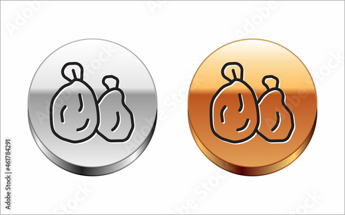 Black line Garbage bag icon isolated on white background. Silver-gold circle button. Vector