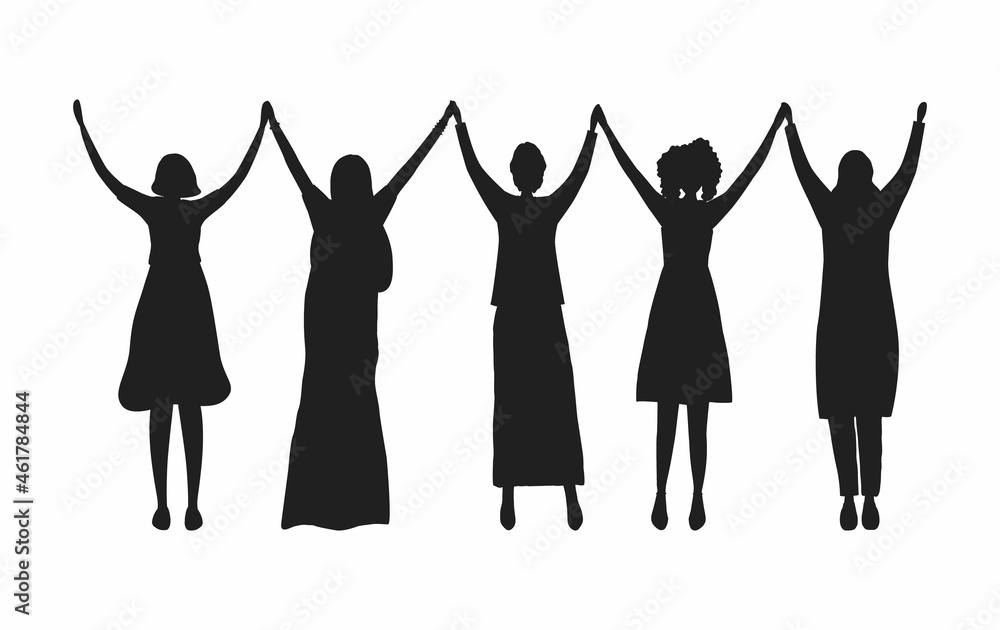 Women holding hands. Black silhouettes of women. International Women's Day concept. Women's community. Female solidarity. Silhouettes of different women. Vector illustration