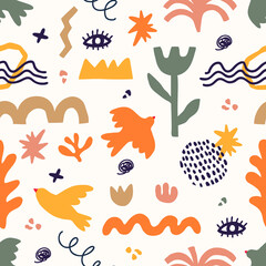 Fototapete Muster im skandinavischen Stil Vektornahtloses Muster mit abstrakten geometrischen Formen im ästhetischen Matisse-Stil. Kreative handgezeichnete zeitgenössische Doodle-Elemente: Blumen, Pflanzen, Vögel, Zickzack, Linien, für Mode, Druck, Poster  © Eireen