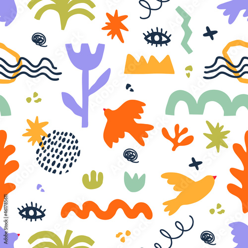 Vector seamless pattern with abstract geometric shapes in aesthetic Matisse style. Creative hand drawn contemporary doodle elements  flowers  plants  birds  zigzag  lines  for fashion  print  posters