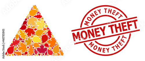 Addiction Drugs Warning mosaic icon created for fall season, and Money Theft dirty stamp imitation. Vector addiction drugs warning mosaic is shaped with scattered fall maple and oak leaves.