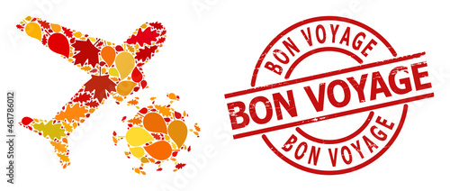 Infected Airplane mosaic icon designed for fall season, and BON VOYAGE rubber stamp imitation. Vector infected airplane mosaic is designed from randomized fall maple and oak leaves.