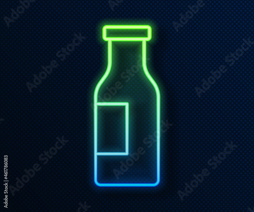 Glowing neon line Closed glass bottle with milk icon isolated on blue background. Vector