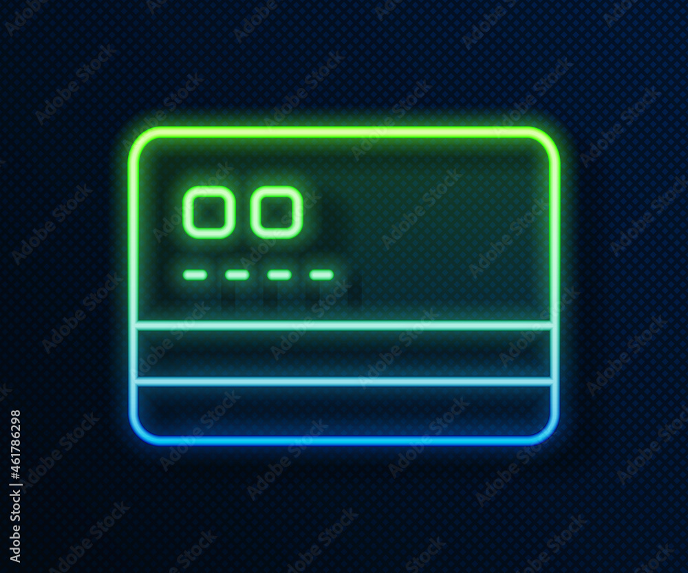 Glowing neon line Credit card icon isolated on blue background. Online payment. Cash withdrawal. Financial operations. Shopping sign. Vector Glowing neon line Credit card icon isolated on blue background. Online payment. Cash withdrawal. Financial operations. Shopping sign. Vector