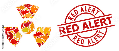 Radioactivity mosaic icon organized for fall season, and Red Alert dirty stamp seal. Vector radioactivity mosaic is formed from random autumn maple and oak leaves.