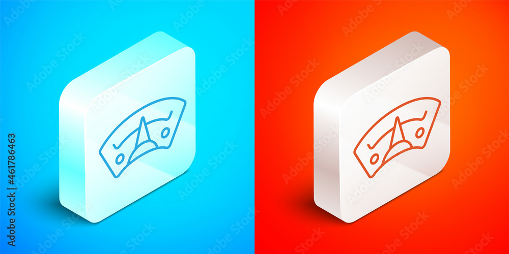 Isometric line Motor gas gauge icon isolated on blue and red background. Empty fuel meter. Full tank indication. Silver square button. Vector Isometric line Motor gas gauge icon isolated on blue and red background. Empty fuel meter. Full tank indication. Silver square button. Vector