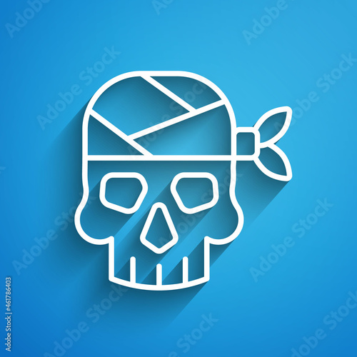 White line Pirate captain icon isolated on blue background. Long shadow. Vector
