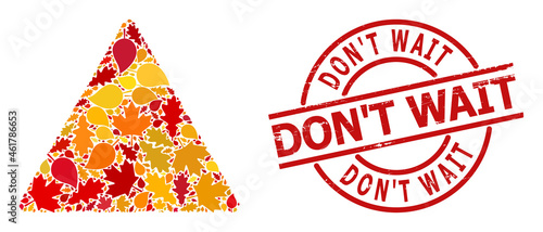 Opium Poppy Warning mosaic icon constructed for fall season, and Don'T Wait corroded stamp. Vector opium poppy warning mosaic is composed of scattered autumn maple and oak leaves.