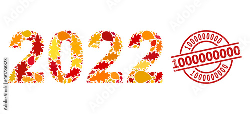 2022 Year Digits mosaic icon designed for fall season, and 1000000000 textured stamp seal. Vector 2022 year digits mosaic is done of random fall maple and oak leaves.