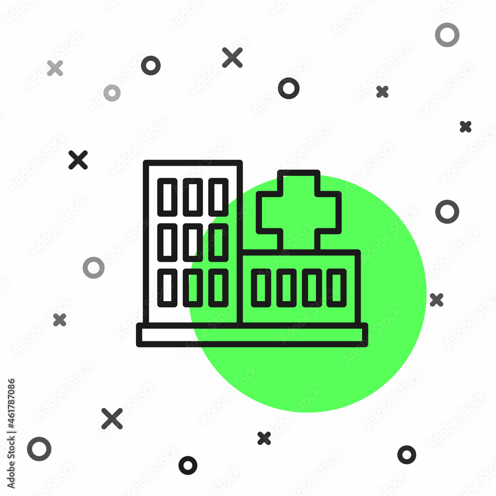 Black line Medical hospital building with cross icon isolated on white background. Medical center. Health care. Vector Black line Medical hospital building with cross icon isolated on white background. Medical center. Health care. Vector