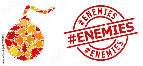 Bomb mosaic icon designed for fall season, and #ENEMIES rubber stamp seal. Vector bomb mosaic is shaped from random fall maple and oak leaves.