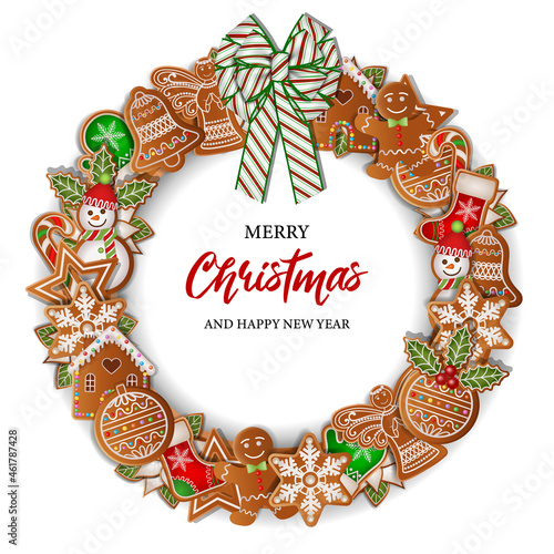 Christmas background with round gingerbreads frame. christmas wreath with cookies and bow