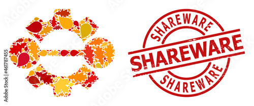Integration Gear mosaic icon organized for fall seasonwith SHAREWARE grunge stamp seal. Vector integration gear mosaic is organized from scattered fall maple and oak leaves.