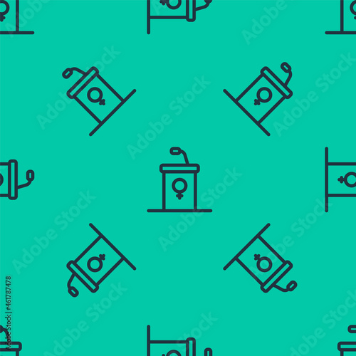 Blue line Stage stand or debate podium rostrum icon isolated seamless pattern on green background. Conference speech tribune. Vector