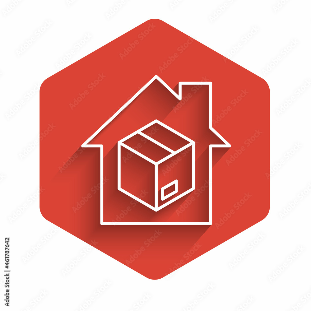 White line Home delivery services icon isolated with long shadow background. Red hexagon button. Vector White line Home delivery services icon isolated with long shadow background. Red hexagon button. Vector