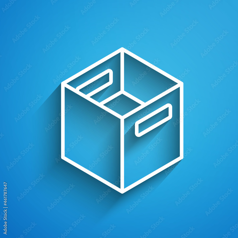White line Carton cardboard box icon isolated on blue background. Box, package, parcel sign. Delivery and packaging. Long shadow. Vector White line Carton cardboard box icon isolated on blue background. Box, package, parcel sign. Delivery and packaging. Long shadow. Vector