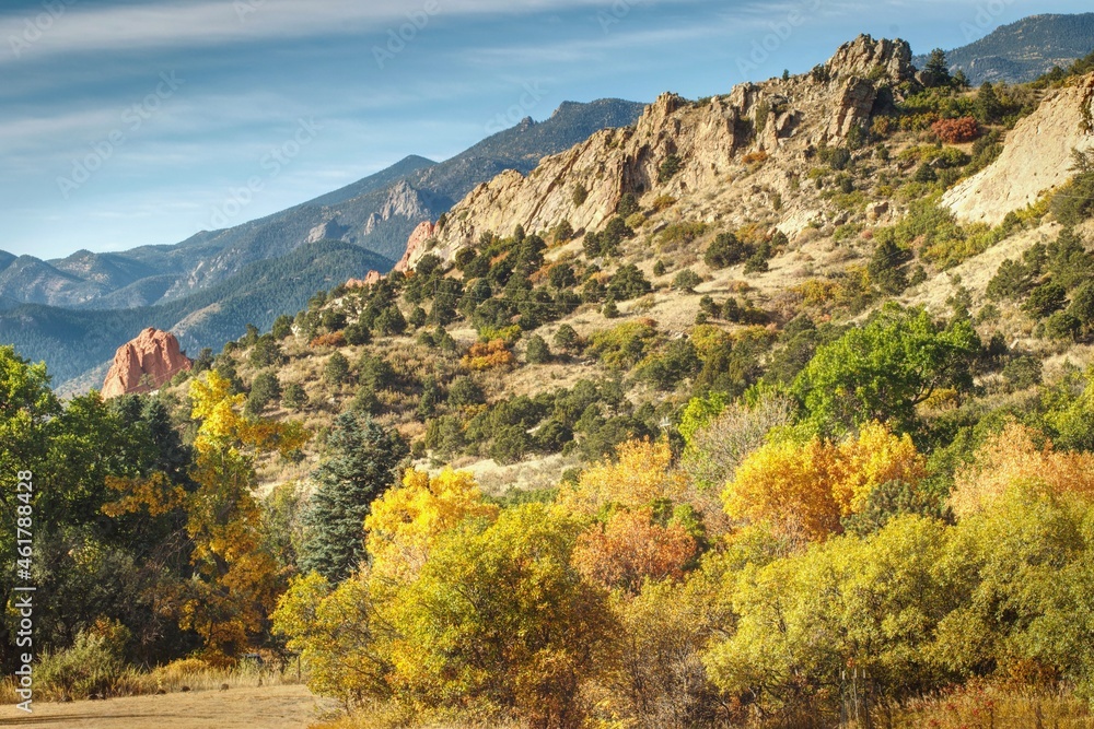 Vibrant fall colors in the hills around Garden of the Gods in Colorado Springs
