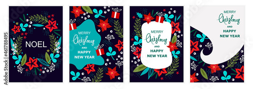 Set of colorful Christmas cards. 2022 New Year. Set of templates for cards  stickers  flyers. Flat cartoon style. Traditional greeting. Colorful Christmas wreath.