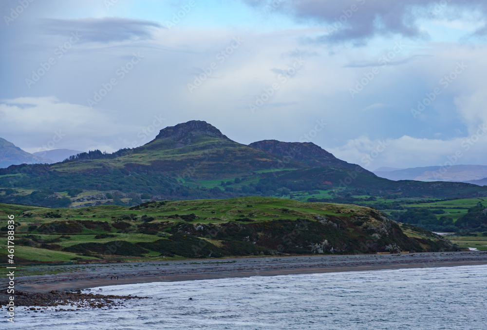view from Castell Criccieth situated on headland between two beaches in Criccieth, Gwynedd, North Wales, on a rocky peninsula overlooking Tremadog Bay