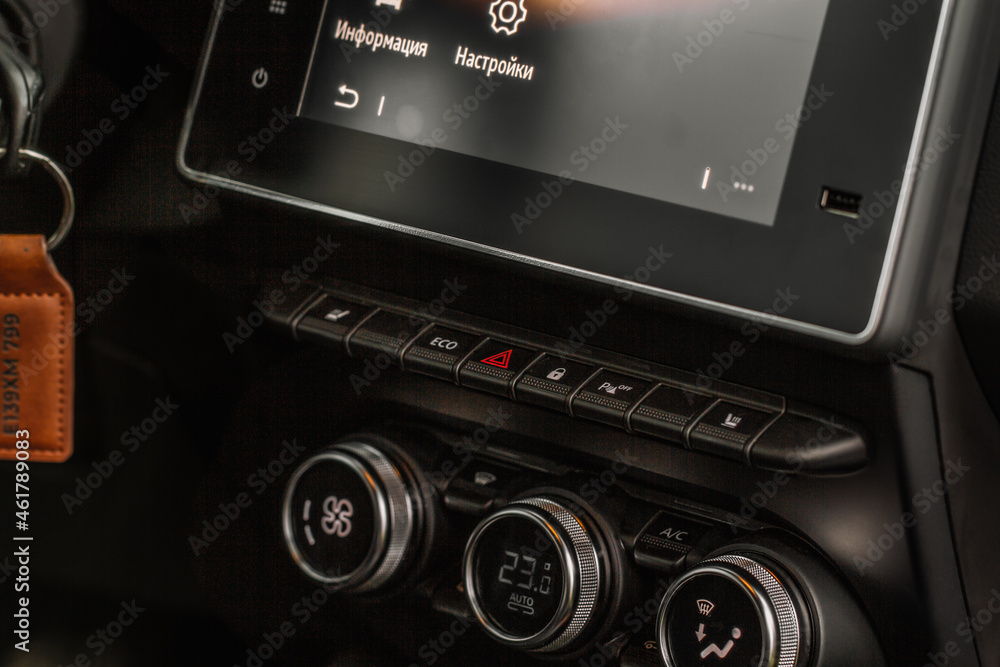 Modern car dashboard with navigation system and usb port. Car interior USB slot. Modern car dashboard with navigation system and usb port. Car interior USB slot.