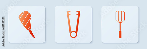 Set Meat tongs, Rib eye steak and Spatula. White square button. Vector