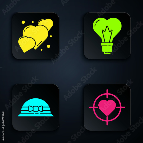 Set Heart in the center of target aim, Heart, Elegant women hat and Heart shape in a light bulb. Black square button. Vector
