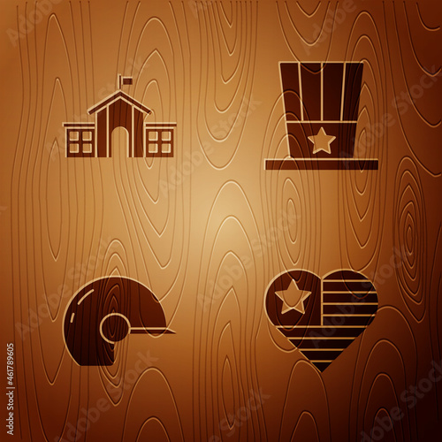 Set USA Independence day, United States Capitol Congress, Baseball helmet and Patriotic American top hat on wooden background. Vector