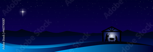 Christmas Nativity scene in the desert banner background. Vector EPS10.
