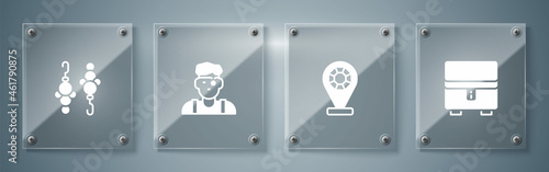 Set Jewelry box, store, Jeweler man and Earrings. Square glass panels. Vector