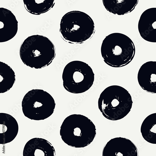 Polka dot paint brush seamless pattern. Freehand grunge design background. Circle ornament. Handdrawn geometric print
