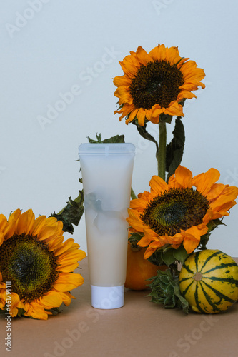 Composition of pumpkins, cosmetic and sunflowers on white and brown paper background. Autumn abstract background.