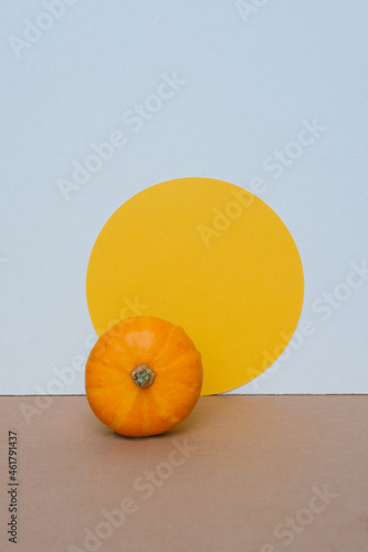 Pumpkin on white, yellow circle and brown paper background. Autumn abstract background.